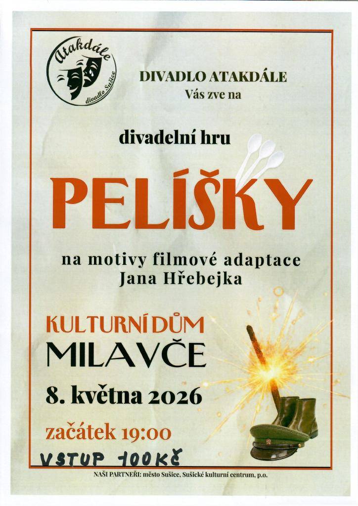 Obec Milavče a Český svaz žen Milavče Vás srdečně zvou na divadelní hru Pelíšky, která se uskuteční v pátek 8. května 2026 od 19:00 v Kulturním domě Milavče. Vstupné: 100 Kč.