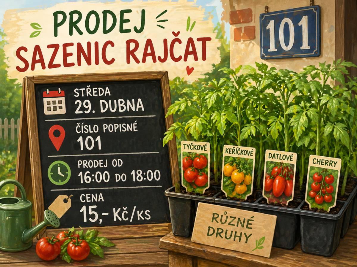 Paní Slezáková oznamuje, že ve středu 29. dubna na čísle popisném 101 bude prodávat různé druhy přísad rajčat.  Prodej bude probíhat od 16:00 do 18:00 hod. Cena je 15,-Kč/ks