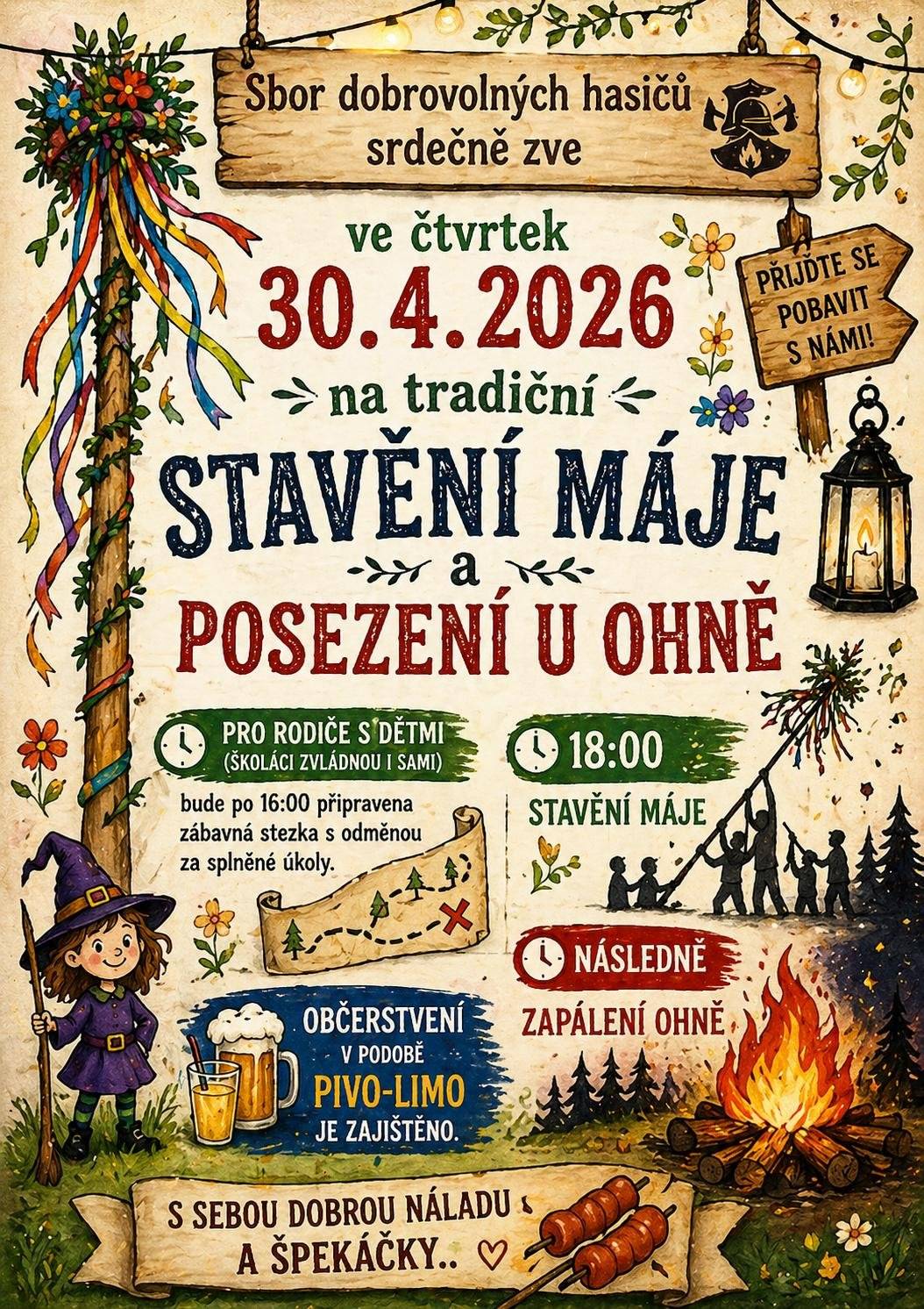 SDH Radešínská Svratka Vás srdečně zve na tradiční stavění máje, které proběhne ve čtvrtek 30. 4. 2026 od 18:00. Pro děti bude připravena zábavná stezka. Občerstvení pivo–limo je zajištěno. Více informací na přiložených plakátech. Těšíme se na společné setkání.