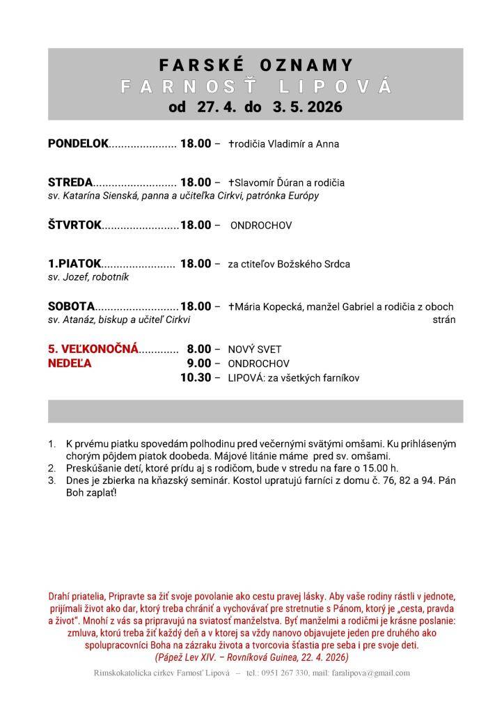 Poriadok bohoslužieb od 27.04. do 03.05.2026