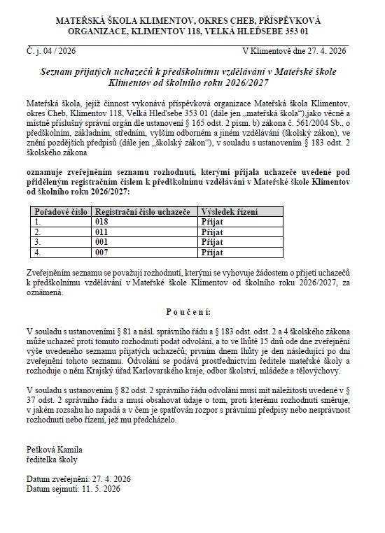 Pro školní rok 2026/2027.