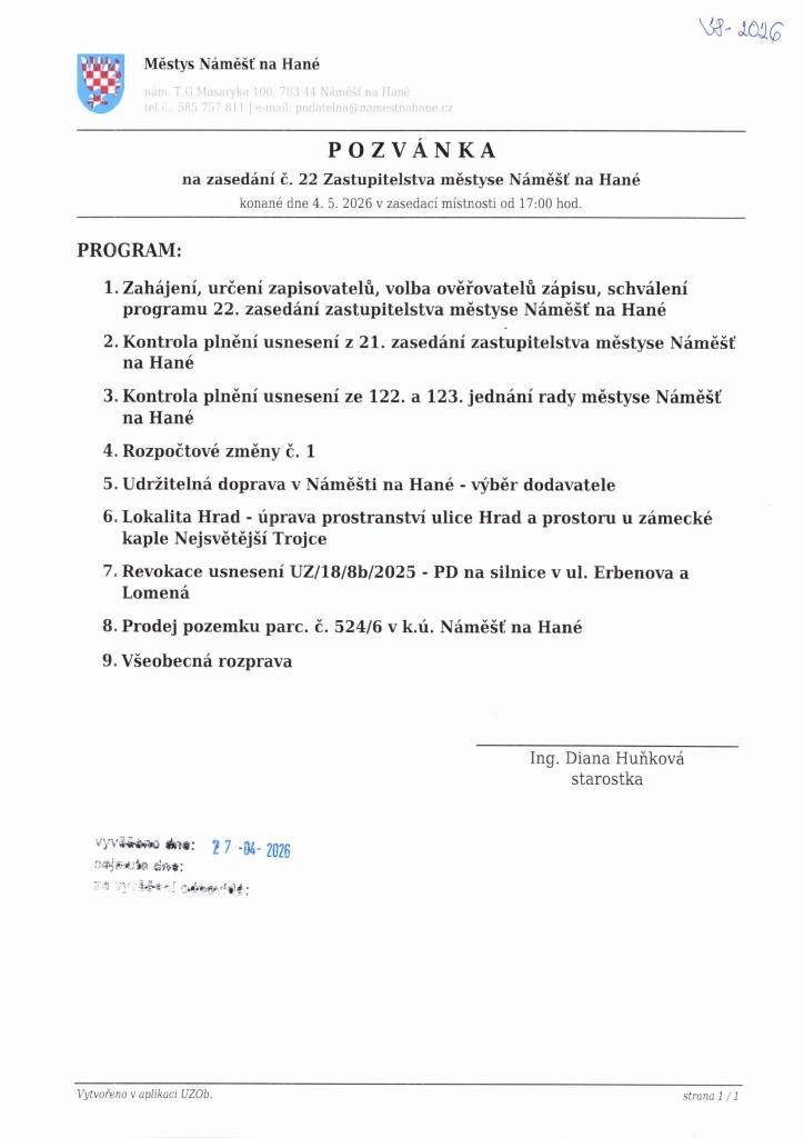 Pozvánka na zasedání č. 22 ZM konané 4.5.2026 v 17:00 hodin v zasedací místnosti.