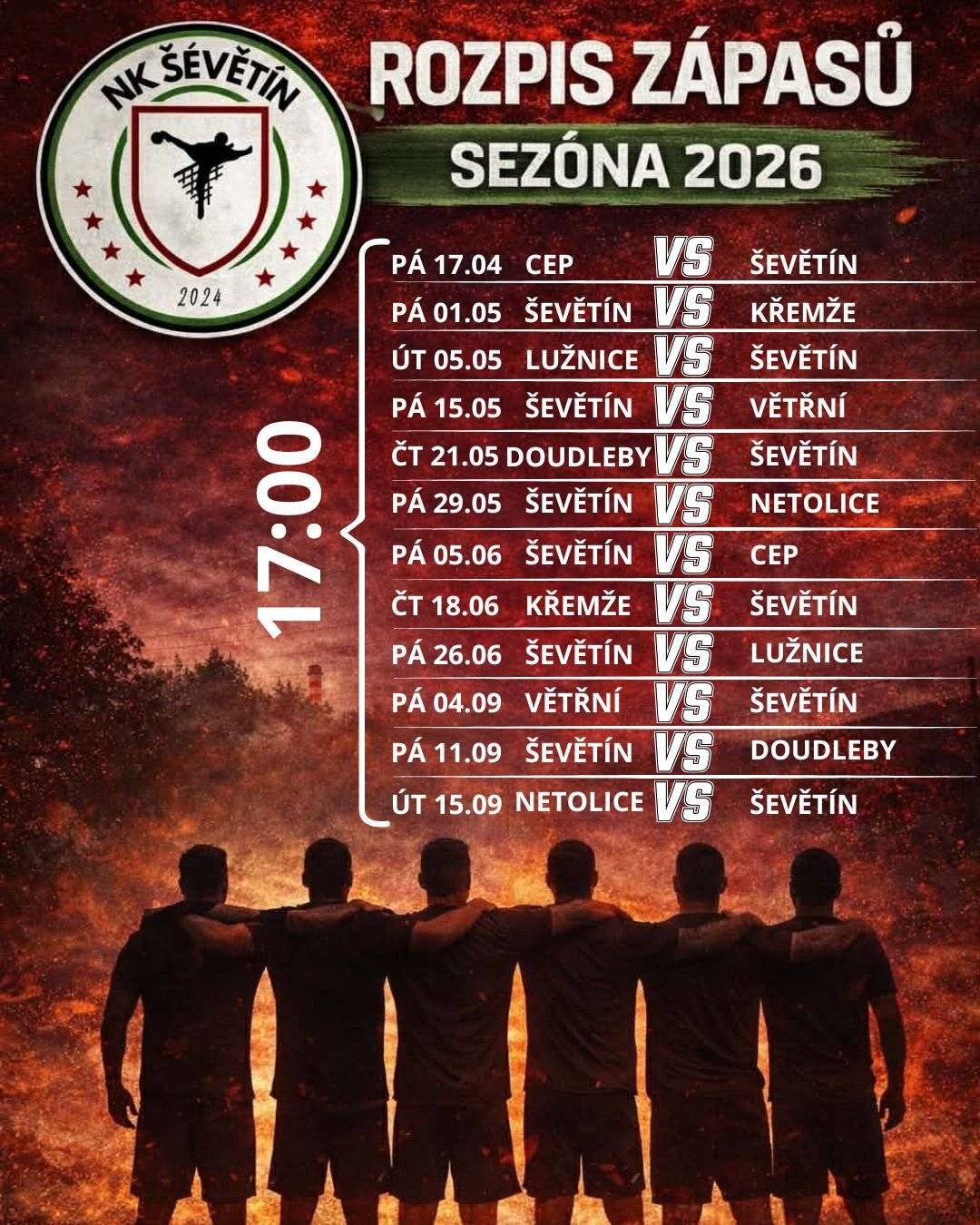 Nohejbalový klub Ševětín zveřejňuje rozpis zápasů pro sezonu 2026 a zve své fanoušky k podpoře a fandění.