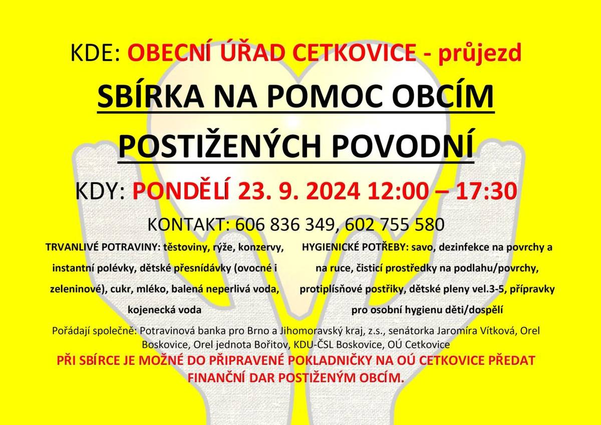 Připojili jsme se ke sbírce - pondělí 23.9.2024,12-17.30h průjezd OÚ