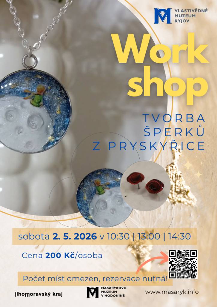 Vlastivědné muzeum Kyjov zve na tvůrčí dílnu, kde si účastníci mohou vyrobit originální šperk z pryskyřice. Workshop se odehraje 2. května 2026, a to od 10:30 do 14:30. Inspirován bude motivy planetek a symbolikou Malého prince, přičemž součástí programu je také výstava Malý princ.