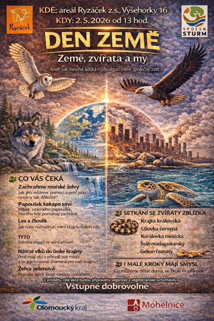 Pozvánka na oslavu Dne Země  Spolek STURM spolu s Ryzáčkem vás srdečně zve na oslavu Dne Země, která se uskuteční dne 2. května 2026 od 13 hodin v areálu Ryzáčku.  Návštěvníci se mohou těšit na pestrý program pro děti i dospělé. Na spoustu her a soutěží.