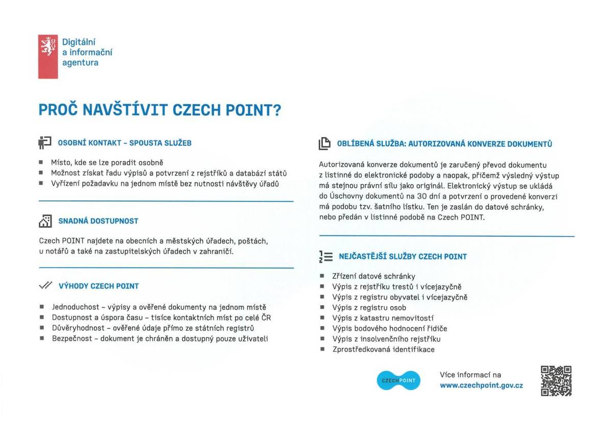 Informace - Czech point, datová schránka, E doklady, Identita občana, Portál občana, Portál veřejné správy