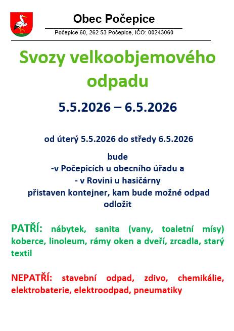 Velkoobjemový odpad Počepice a Rovina od úterý 5.5.2026 do středy 6.5.2026