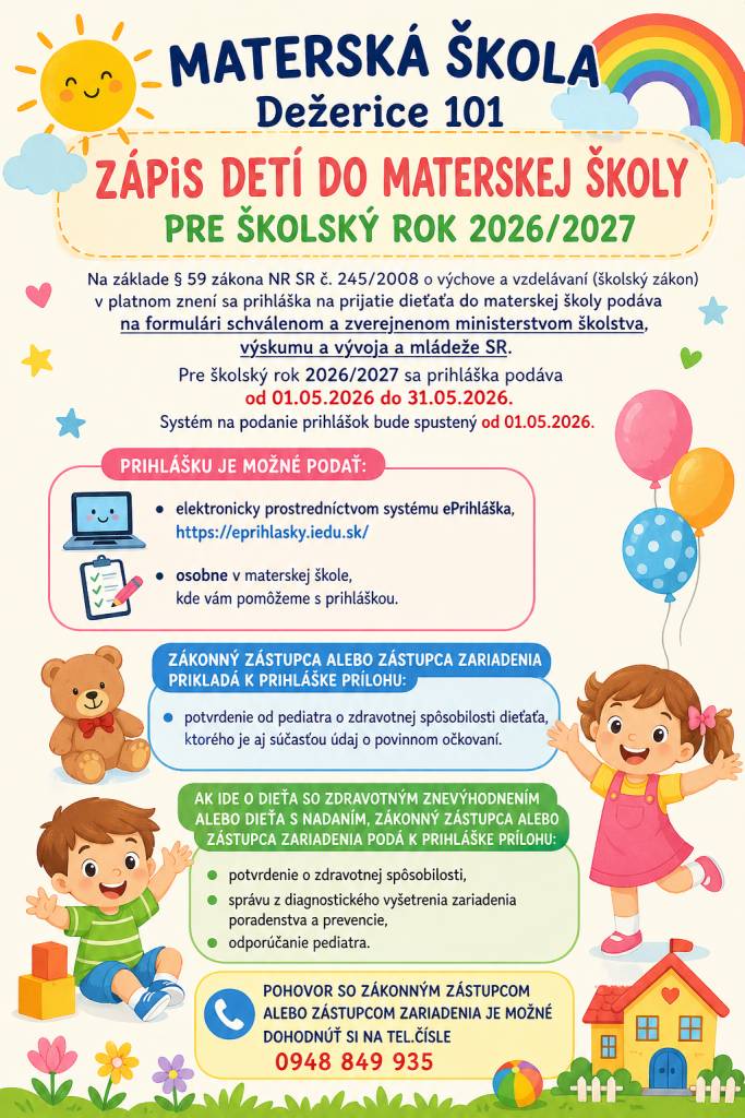 Zápis detí do materskej školy pre školský rok 2026/2027 - podmienky a proces prijímania - viď príloha