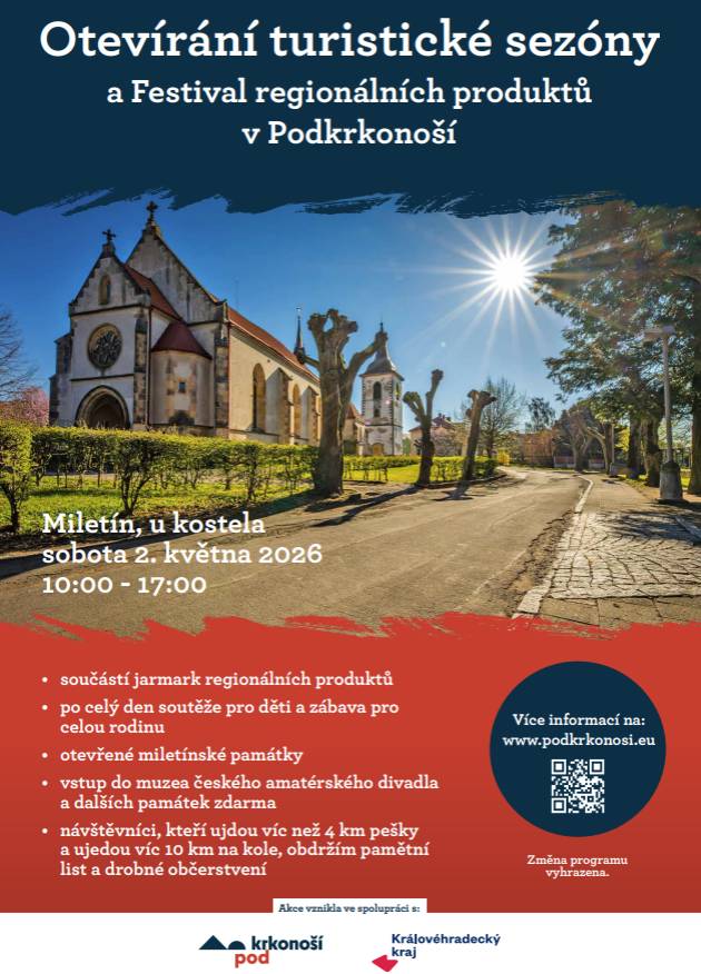 Miletín se chystá na zahájení turistické sezóny a Festival regionálních produktů, který se koná v sobotu 2. května 2026 od 10:00 do 17:00. Návštěvníci se mohou těšit na jarmark, soutěže a zábavu pro celou rodinu. Vstup do muzea českého amatérského divadla a dalších památek bude zdarma.