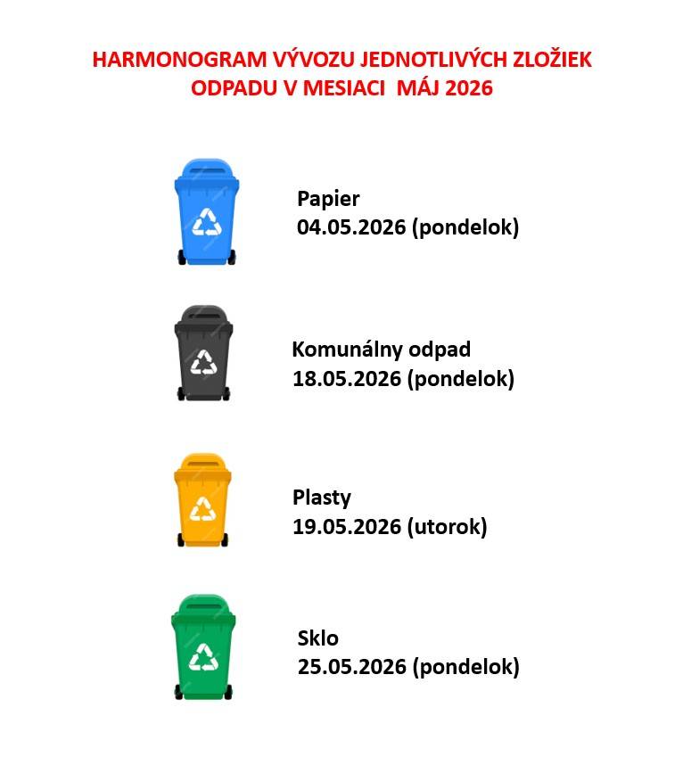 Zverejňujeme Harmonogram vývozu jednotlivých zložiek odpadu v mesiaci MÁJ 2026:  04.05.2026 (pondelok) - Papier  18.05.2026 (pondelok) - Komunálny odpad  19.05.2026 (utorok) - Plasty   25.05.2026 (pondelok) – Sklo