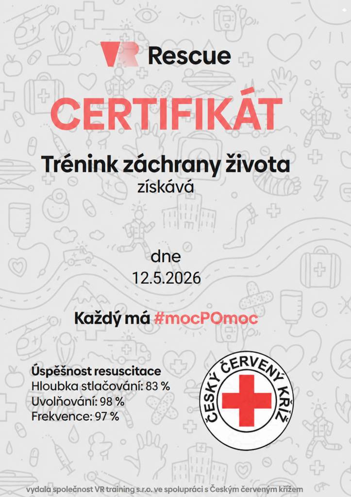 Na tréninku záchrany života se účastníci naučí zásady resuscitace pomocí virtuálních brýlí. Akce se koná 12. května 2026 v hasičské zbrojnici Žichlice a je podpořena Českým červeným křížem. Úspěšní účastníci získají certifikát, ale kapacita je omezena. Přihlásit se lze do 11. května 2026.