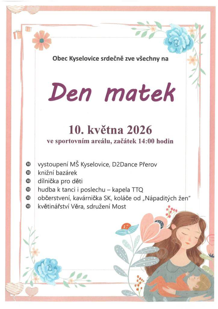 Oslava Dne matek v neděli 10.5.2026 od 14.00 hod. ve sportovním areálu