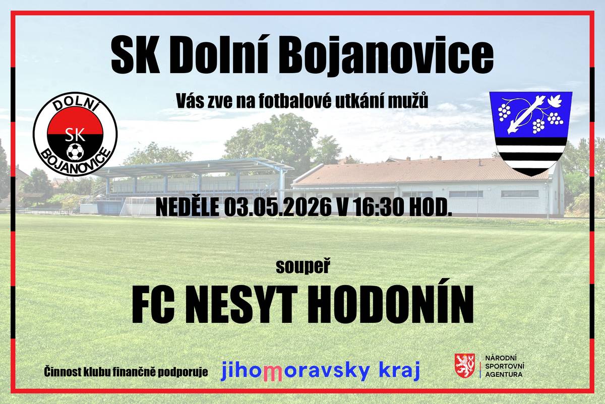 Fotbalový klub SK Dolní Bojanovice vás zve na domácí mistrovské utkání mužů. V neděli 3. 5. od 16:30 hod. přivítáme na domácím hřišti FC Nesyt Hodonín. Občerstvení zajištěno.
