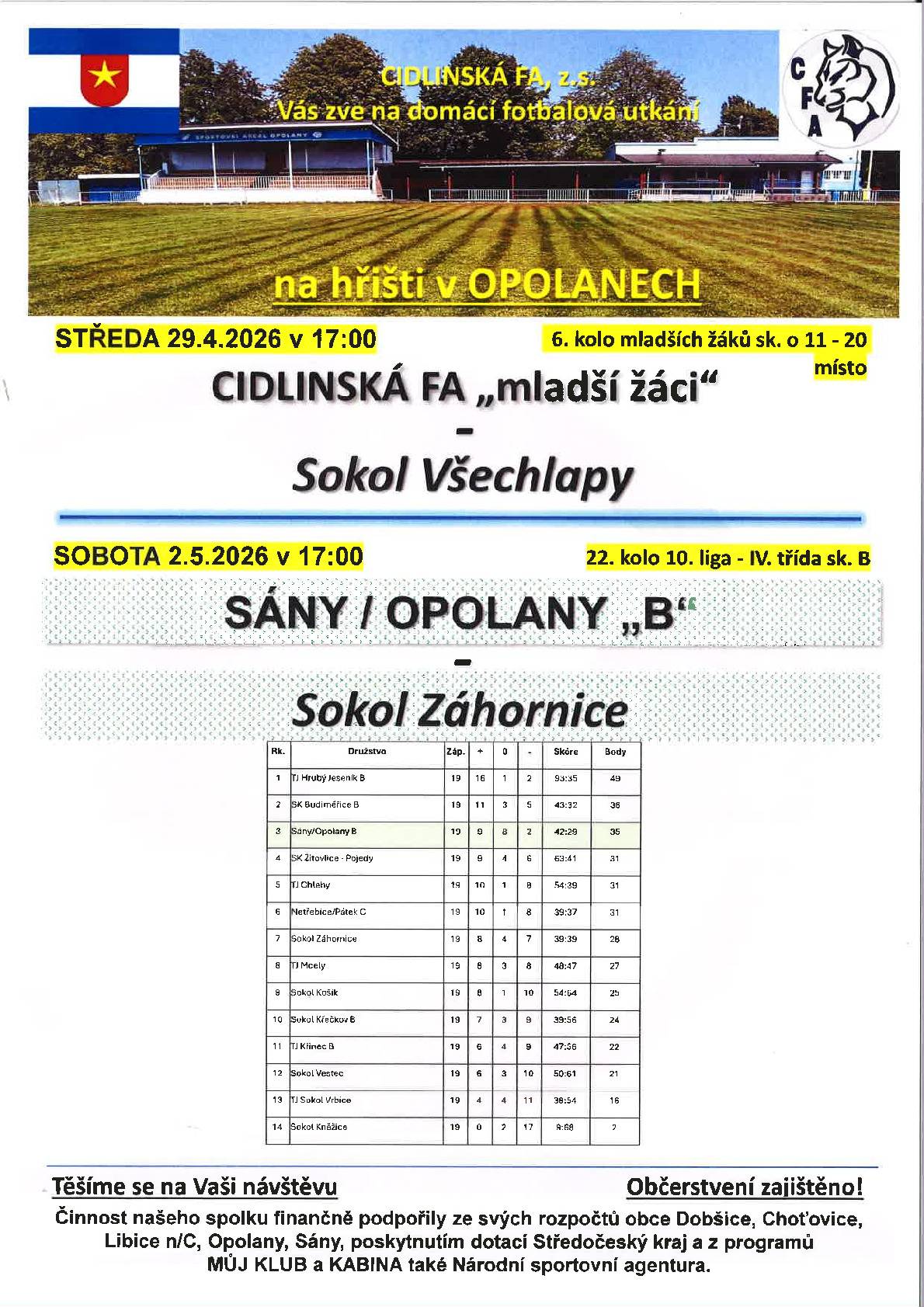 Cidlinská FA vás zve na domáci fotbalové utkání na hřišti v Opolanech v sobotu 3.5. od 17.00 hod., kde se utkají Sány/Opolany "B" a Sokol Záhornice. Občerstvení je zajištěno.