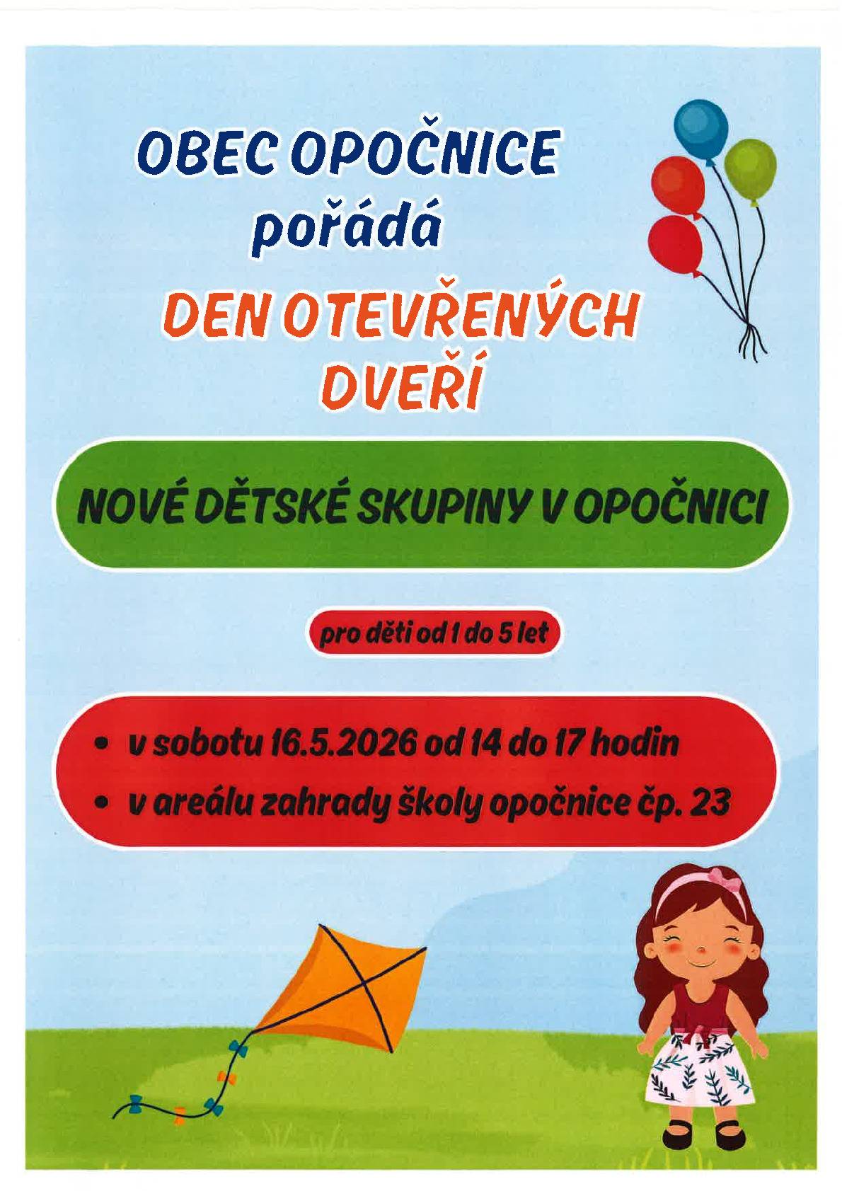 Obec Opočnice otevírá Dětskou skupinu s kapacitou 12 dětí. Můžete se přijít podívat na den otevřených dveří v sobotu 16.5. od 14 do 17 hod.