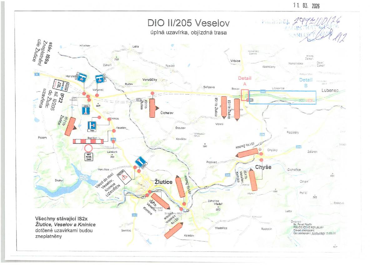 Vážení občané, upozorňujeme Vás, že z důvodu realizace stavby „II/205 Silniční obchvat Veselov“ dojde k dočasné změně dopravního provozu na silnicích II/205, II/226 a II/194. Od pondělí 4. května 2026 bude v dotčeném území, zejména v oblasti Žlutice – Veselov, Chyše, Vrbice a Verušičky, zavedena přechodná úprava provozu včetně stanovených objízdných tras. Upozorňujeme řidiče, že průjezd obcí Veselov nebude po dobu stavby možný. Objízdné trasy budou v terénu řádně vyznačeny přenosným dopravním značením. Žádáme všechny řidiče, aby v dotčených úsecích dbali zvýšené opatrnosti, sledovali aktuální dopravní značení a respektovali případné pokyny pracovníků na komunikacích. Dopravní omezení je plánováno v termínu: od 4. 5. 2026 do 30. 9. 2026 Děkujeme za pochopení, trpělivost a ohleduplnost při průjezdu dotčeným územím.