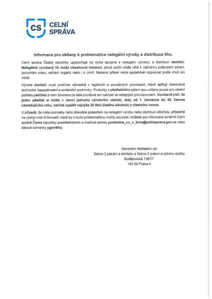 Informace pro občany k problematice nelegální výroby a distribuce lihu