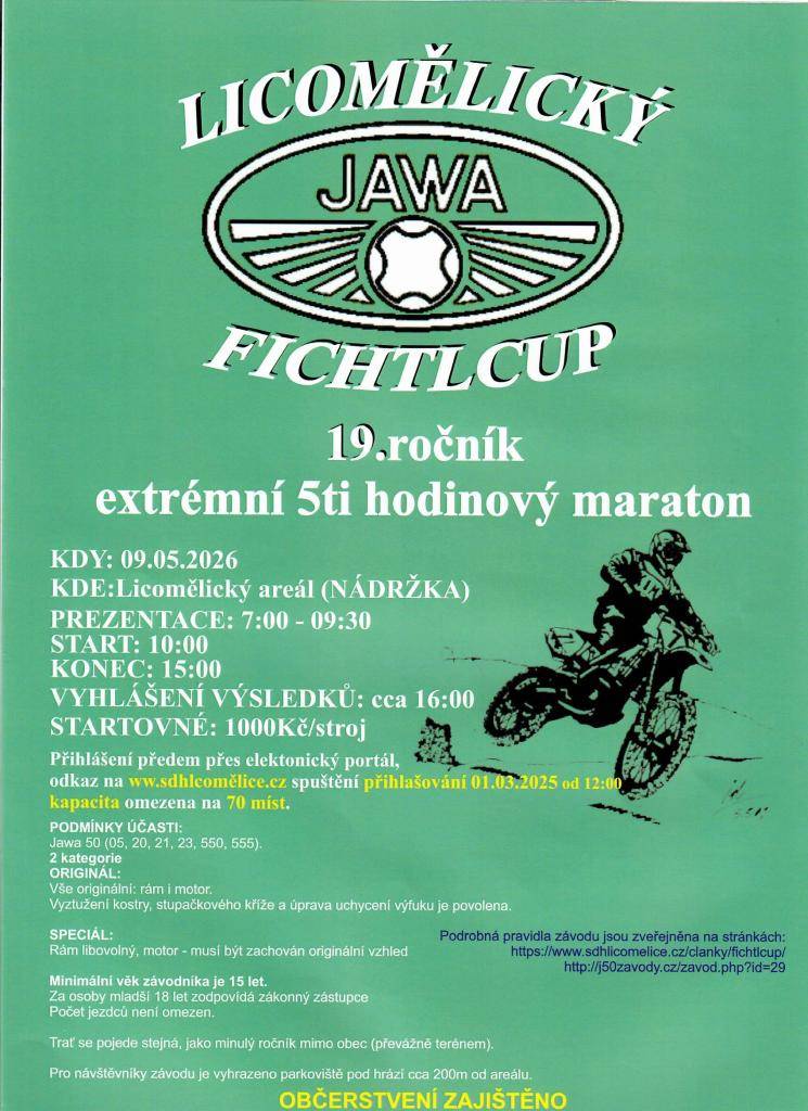 Extrémní 5ti hodinový maraton se uskuteční v Licomělickém areálu (Nádržka) 9. května 2026. Prezentace závodníků proběhne od 7:00 do 9:30 a závod začne v 10:00. Startovné je 1000 Kč za stroj a je nutné se přihlásit předem, přičemž kapacita je omezena na 70 účastníků.