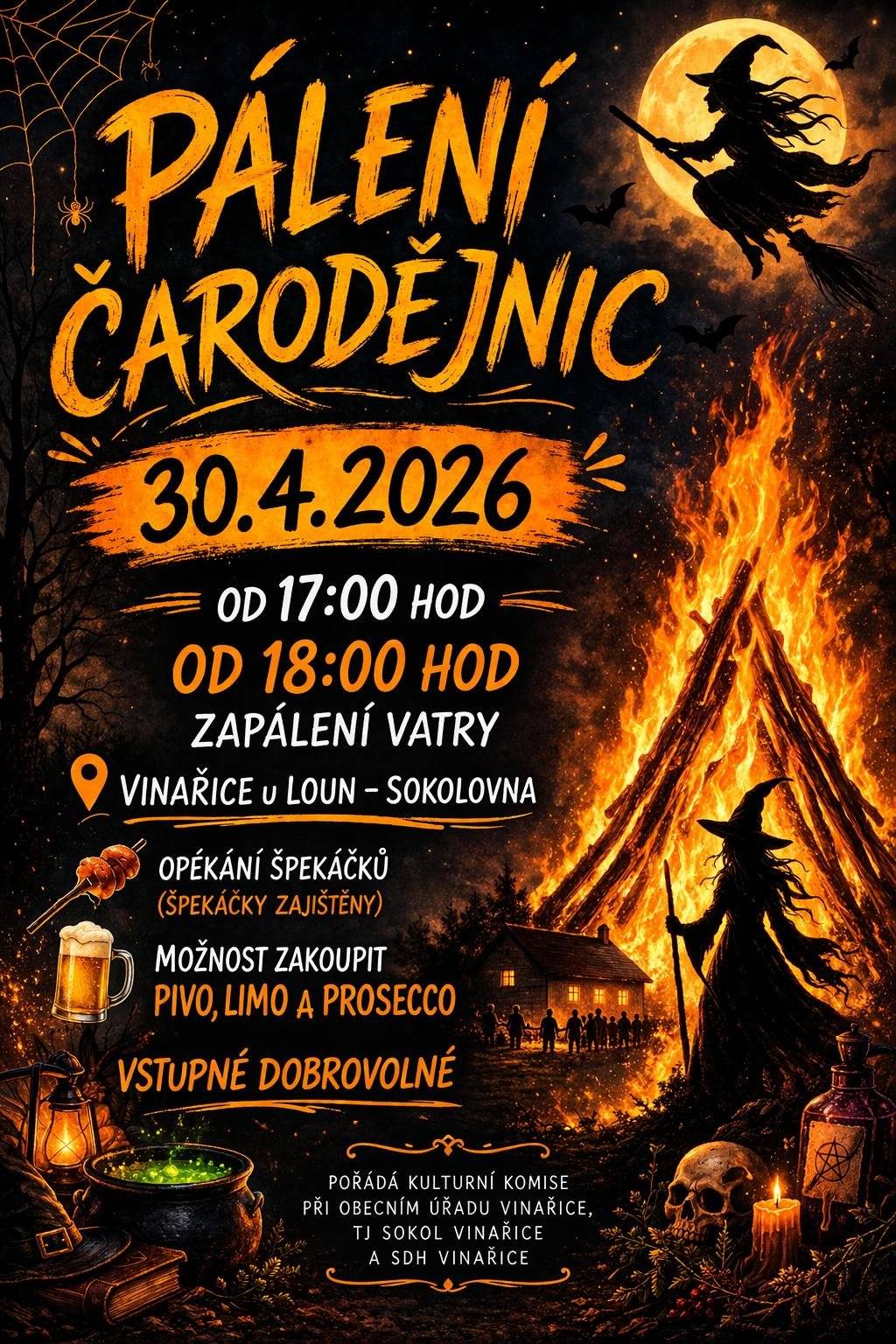 Pálení čarodějnice proběhne ve čtvrtek 30.4.2026 od 17.00 hodin na hřišti za sokolovnou.