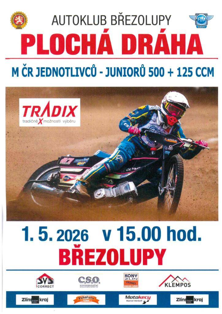 Tento pátek 1. května se na plochodrážním stadionu Březolupy bude konat druhý závod juniorského seriálu Mistrovství ČR jednotlivců v kategoriích 500 a 125 kubických centimetrů.  Začátek závodu je v 15.00 hodin.  Na nevšední adrenalinový zážitek Vás srdečně zvou březolupští pořadatelé.