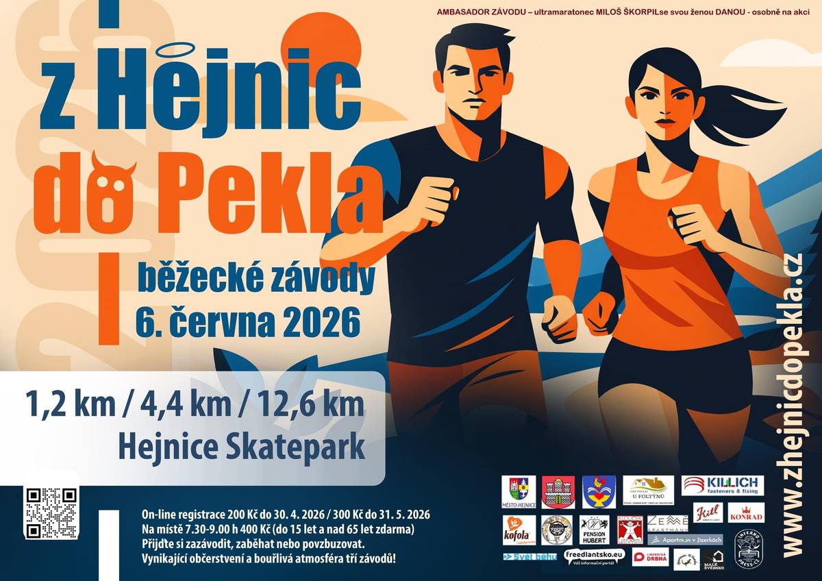 Z Hejnic do Pekla * běžecké závody 6. června 2026 1,2 km / 4,4 km / 12, 6 km  Hejnice Skatepark On-line registrace 200 Kč do 30. 4. 2026 / 300 Kč do 31. 5. 2026. Na místě 7:30 - 9:00 h 400 Kč (do 15 let a nad 65 let zdarma)