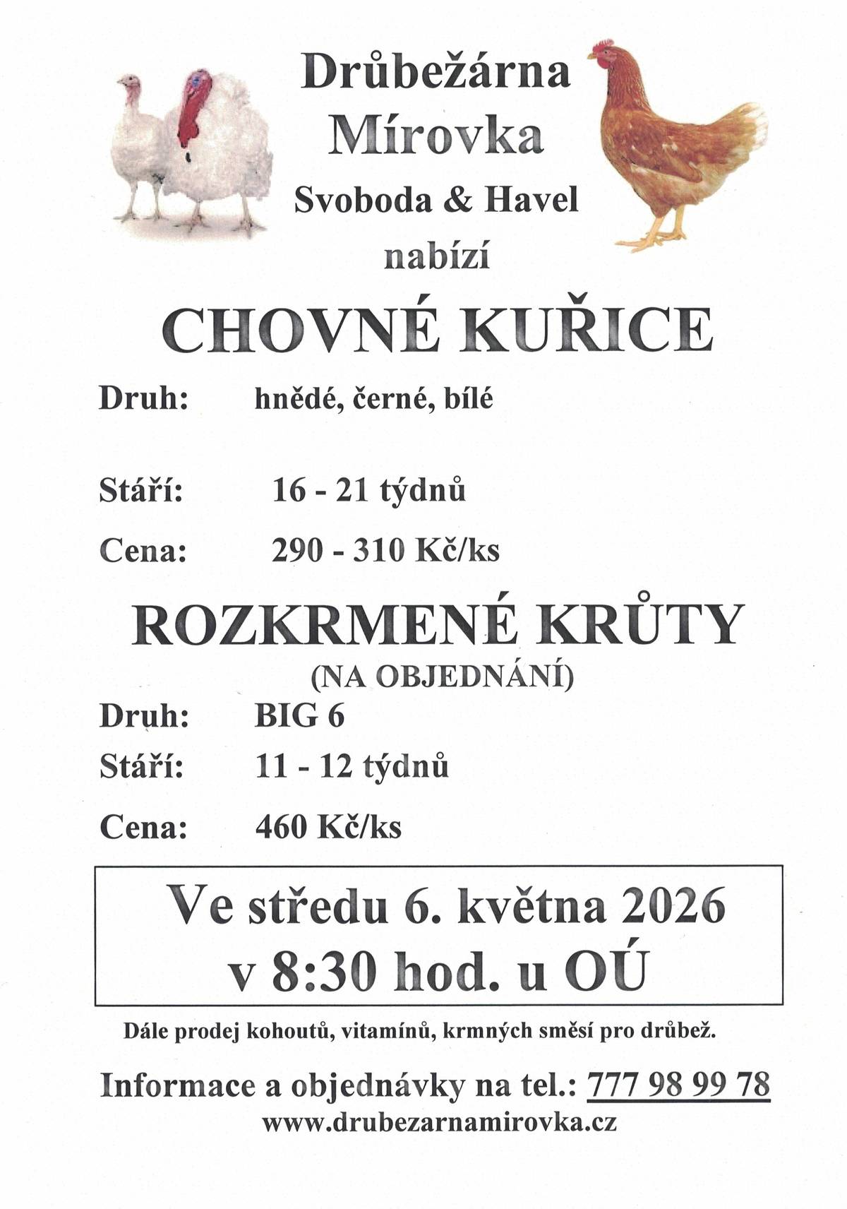 6. 5. 2026 v 8.30 hod. u OÚ bude probíhat prodej chovných kuřic, stáří 16-21 týd/  290,- -310,-Kč a rozkrmených krůt, stáří 11-12týd./460,-Kč.