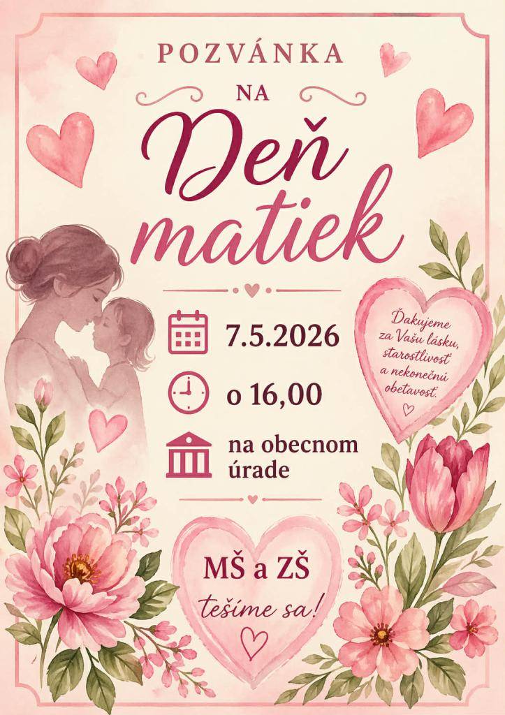 Srdečne Vás pozývame na kultúrne vystúpenie detí MŠ a žiakov ZŠ z príležitosti osláv Dňa matiek, dňa 7. mája o 16:00 hodine do kultúrneho domu v Kokošovciach.    Tešíme sa na stretnutie s Vami.