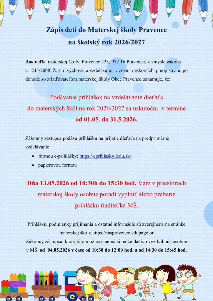 Materská škola Pravenec pozýva rodičov na zápis detí na školský rok 2026/2027.