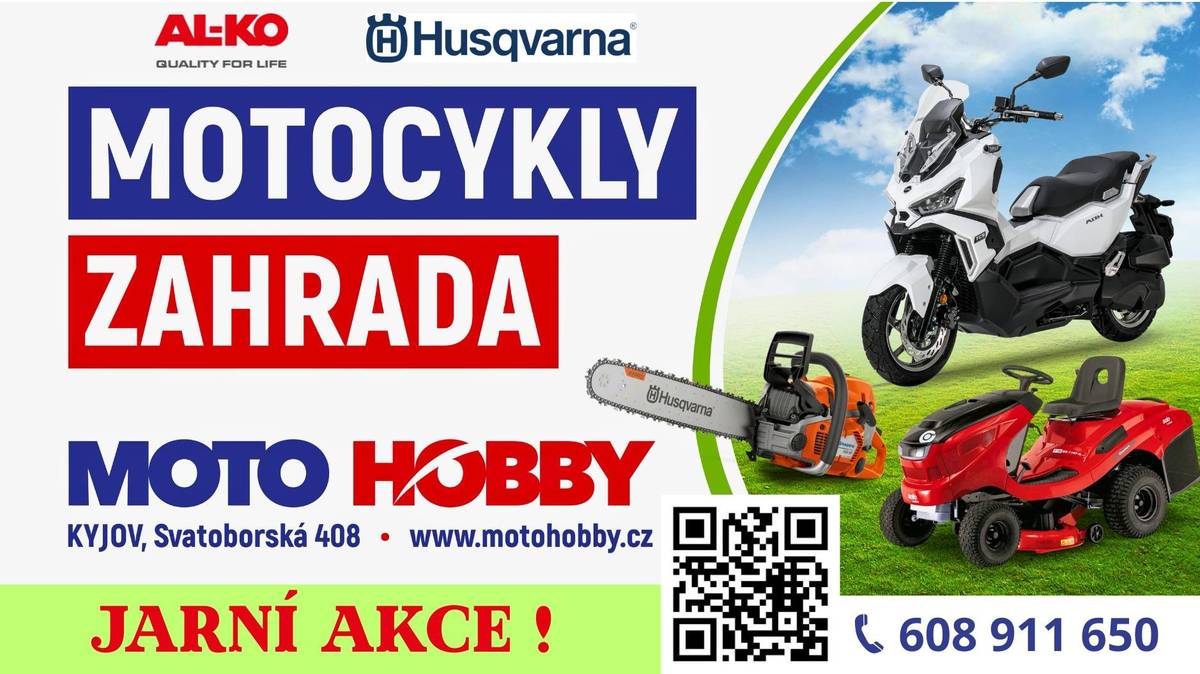 Navštivte prodejnu Motohobby s širokou nabídkou moto vybavení, doplňků, motocyklů, skútrů, oblečení a přileb. Vše pro Vás a váš motocykl. Dále nabízíme nejkvalitnější značky zahradní a lesní techniky Husqvarna plus Al-ko, sekačky, traktory, křovinořezy a motorové pily. Firmu Motohobby najdete v Kyjově na ulici Svatoborská 408, více na www.motohobby.cz