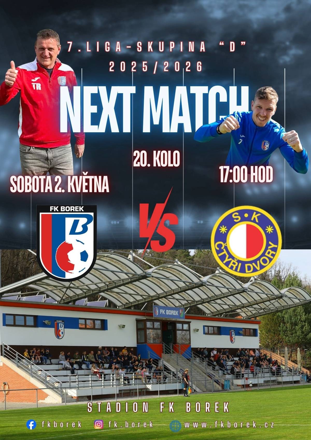 Dobrý den všem. Dovolte mi, abych Vás jménem FK Borek pozval na mistrovské fotbalové utkání mužů krajské soutěže 1.B třídy SK D, mezi FK Borek / SK Čtyři Dvory, které se uskuteční v sobotu 2. května  2026 od 17:00 hodin na boreckém fotbalovém stadionu. Přijďte fandit. S přáním hezkého dne Jaroslav Novák - starosta obce Borek.