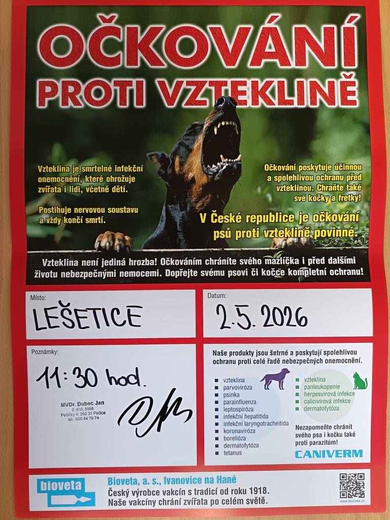 V sobotu 2.5. bude od 11:30 na návsi obce přítomen veterinář nabízející očkování domácích zvířat proti vzteklině