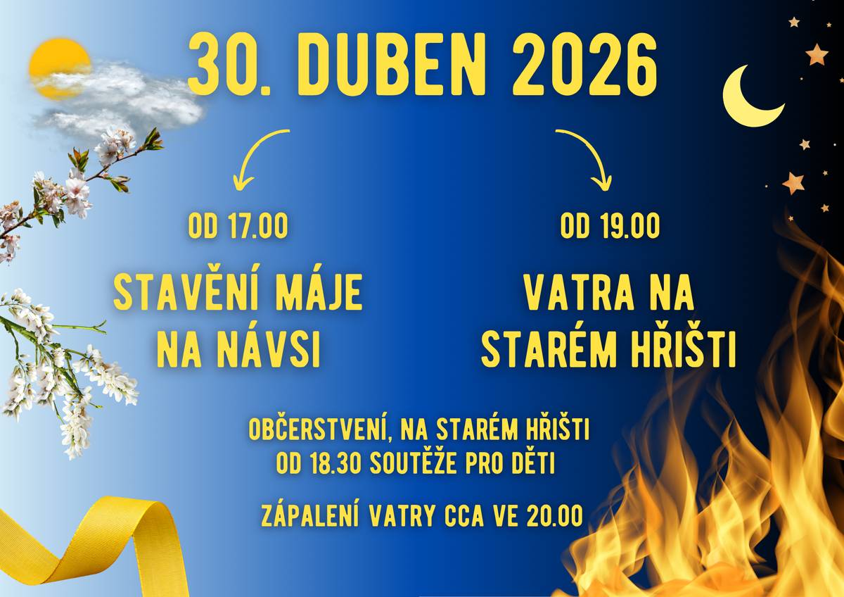 Plán na poslední dubnový den je jasně daný.  Nejprve na náves, kde naši hasiči opět vztyčí vysokou máju, a poté k vatře na staré hřiště.   Těšíme se na vás!