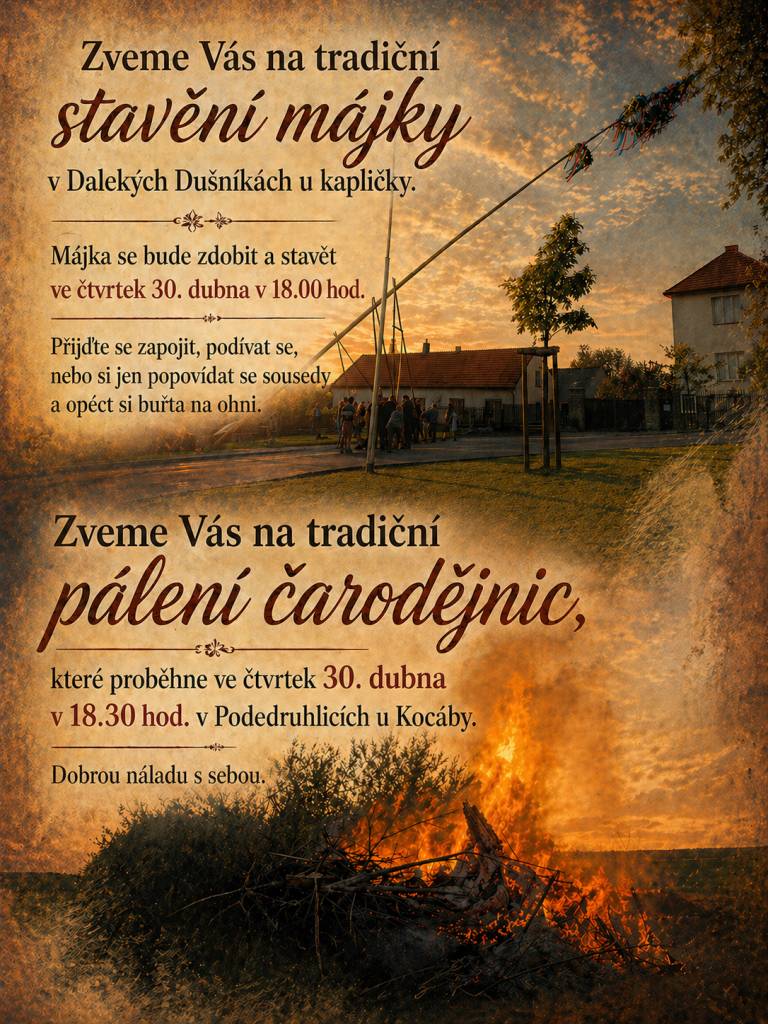 Rádi bychom Vás informovali o uskutečnění tradičních akcí v našich obcích, které proběhnou tento čtvrtek 30. dubna.