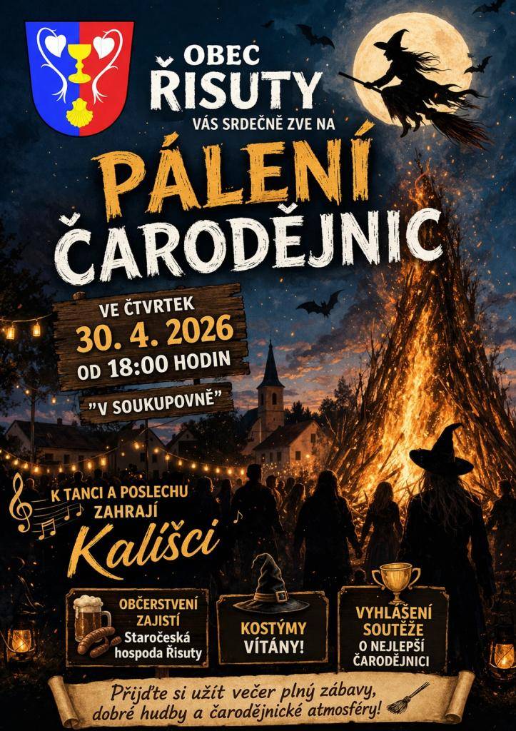 Již zítra proběhne Pálení čarodějnic v Řisutech, které začne v 18:00 hodin v Soukupovně. O zábavu se postará hudební skupina 'Kalíšci' a občerstvení zajistí Staročeská hospoda. Těšit se můžete také na vyhlášení soutěže o nejlepší čarodějnici.