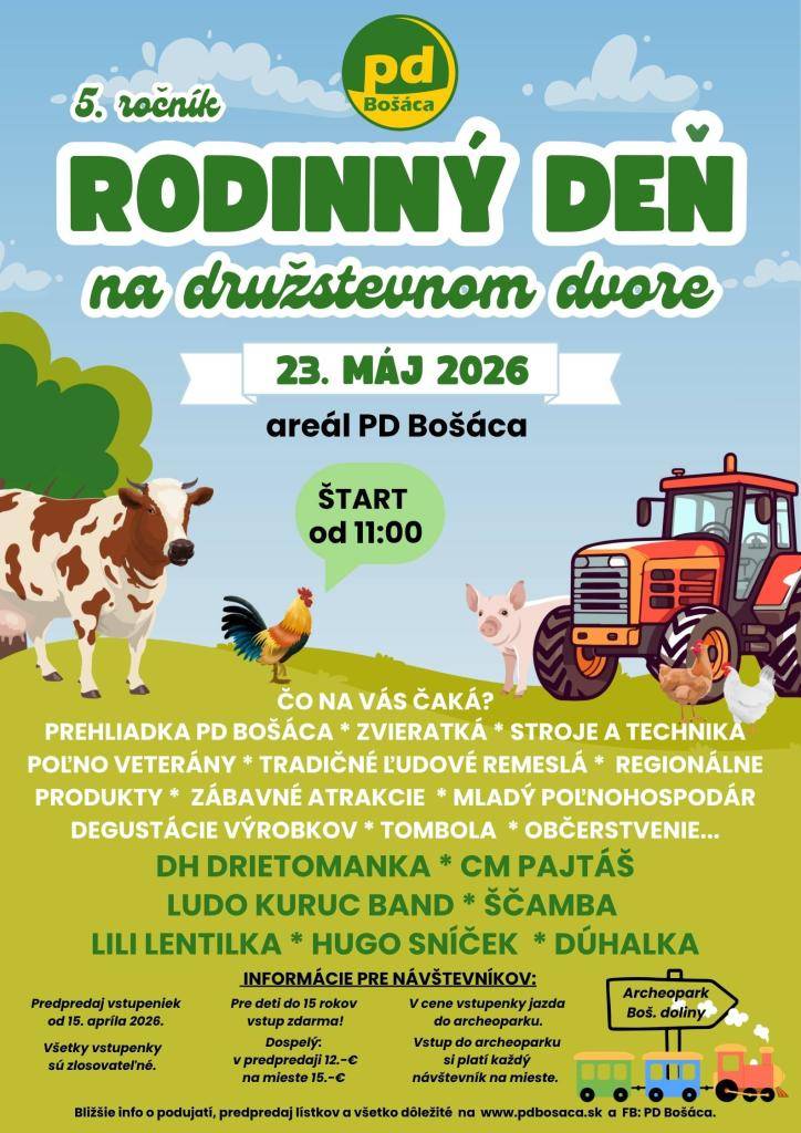 Dňa 23.5.2026 sa uskutoční Rodinný deň na družstevnom dvore v areáli PD Bošáca so začiatkom o 11:00hod.