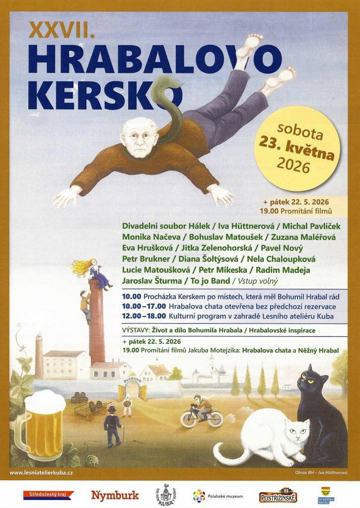 Lesní ateliér Kuba v Kersku, město Nymburk, Polabské muzeum, Pivovar Nymburk a obec Hradištko Vás srdečně zvou na tradiční akci podporovanou Středočeským krajem HRABALOVO KERSKO.