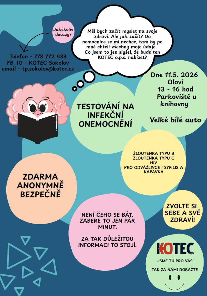 Dne 11. května 2026 od 13:00 do 16:00 hodin proběhne anonymní a zcela bezpečné "Testování na infekční onemocnění", které nabízí sdružení KOTEC.  Anonymně, zdarma a bez zbytečných otázek. Sdružení KOTEC přijíždí do Oloví, aby Vám dalo odpovědi, které jsou pro Vaše zdraví klíčové. Infekční nemoci si nevybírají a často o nich dlouho nemusíte vědět. Udělejte správný krok pro sebe i své blízké. Bezpečně a v naprostém soukromí. Testování bude probíhat na parkovišti u Městské knihovny Oloví.  Více info v přiloženém plakátku.  Kontakty:  KOTEC Sokolov tp.sokolov@kotec.cz +420 778 772 483