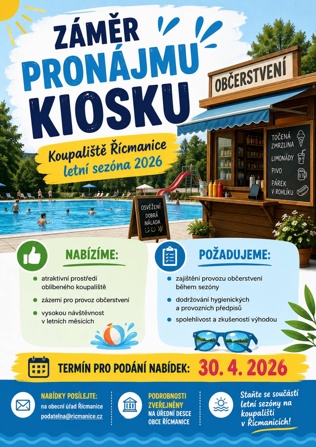 Blíží se konec termínu pro podání nabídek na pronájem kiosku na koupališti v Řícmanicích.