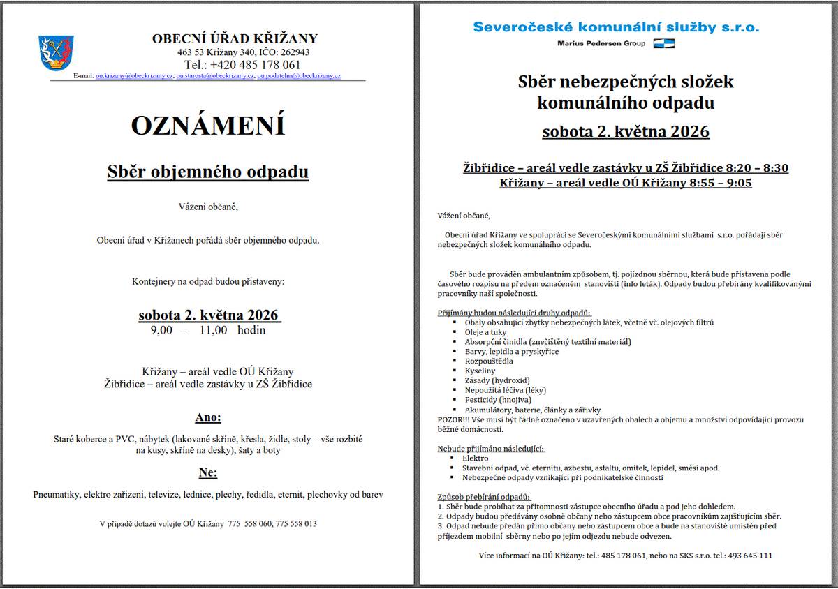V sobotu 02.05.2026 se uskuteční od 9:00 -11:00 sběr objemného odpadu, kontejnery budou přistavěny v Křižanech vedle OÚ a v Žibřidicích vedle zastávky ZŠ Žibřidice. Dále proběhne v sobotu 02.05.2026 sběr nebezpečných složek komunálního odpadu, Žibřidice vedle zastávky u ZŠ Žibřidice 8:20 – 8:30, Křižany –vedle OÚ Křižany 8:55 – 9:05. Bližší informace na stránkách OÚ.