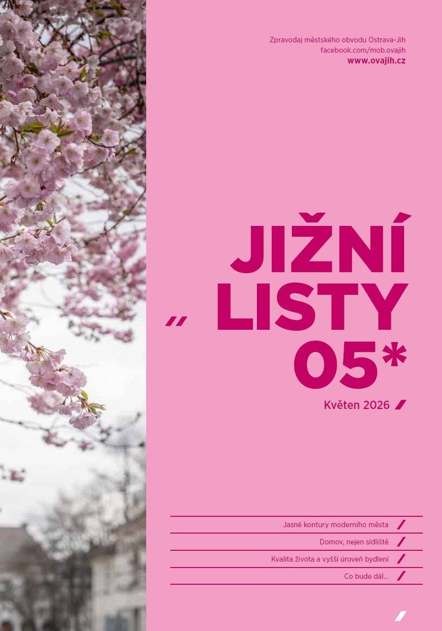 Květnové vydání Jižních listů nabízí zajímavosti z dění v obvodu Jih. Dočtete se mimo jiné, jaké stavby jsou v plánu, proč je Jih dobrá adresa nebo jak chce radnice řešit budoucnost škol a mateřinek. Co všechno najdete v květnovém vydání Jižních listů:  Radnice plánuje revitalizaci ulic Jana Maluchy a Jaromíra Matuška. V ulici V Zálomu se začne stavět parkoviště s 20 místy, příjezdovou komunikací a chodníky. „Jih je dobrá adresa. Vše máme na dosah,“ říká místostarosta Martin Kret. Na Jihu se kosí trávníky v šesti lokalitách, zajišťují jej čtyři společnosti. V novém ročníku lze nápady lze podávat online na webu: nasjih.cz nebo na radnici. Budoucnost škol i mateřinek chce obvod řešit citlivě. Při příležitosti Dne učitelů ocenili zástupci městského obvodu dvacet pedagogů. V červnu se na Jihu opět koná hromadné očkování proti vzteklině. „Bělský les je stále otevřenější k volnočasovému vyžití,“ říká ředitel společnosti Ostravské městské lesy a zeleň.   Jižní listy si můžete přečíst na webu obvodu: https://ovajih.ostrava.cz/cs/o-jihu/jizni-listy/rocnik-2026  Pokud bydlíte na Jihu a nové vydání Jižních listů nebudete mít ve schránkách do 10. května, prosíme o upozornění na redakční e-mail: jizni.listy@kulturajih.cz, ať můžeme u distributora zajistit nápravu. Reklamovat je možné i osobně, nebo prostřednictvím webové adresy: reklamace.regvyd.cz/jizni-listy.