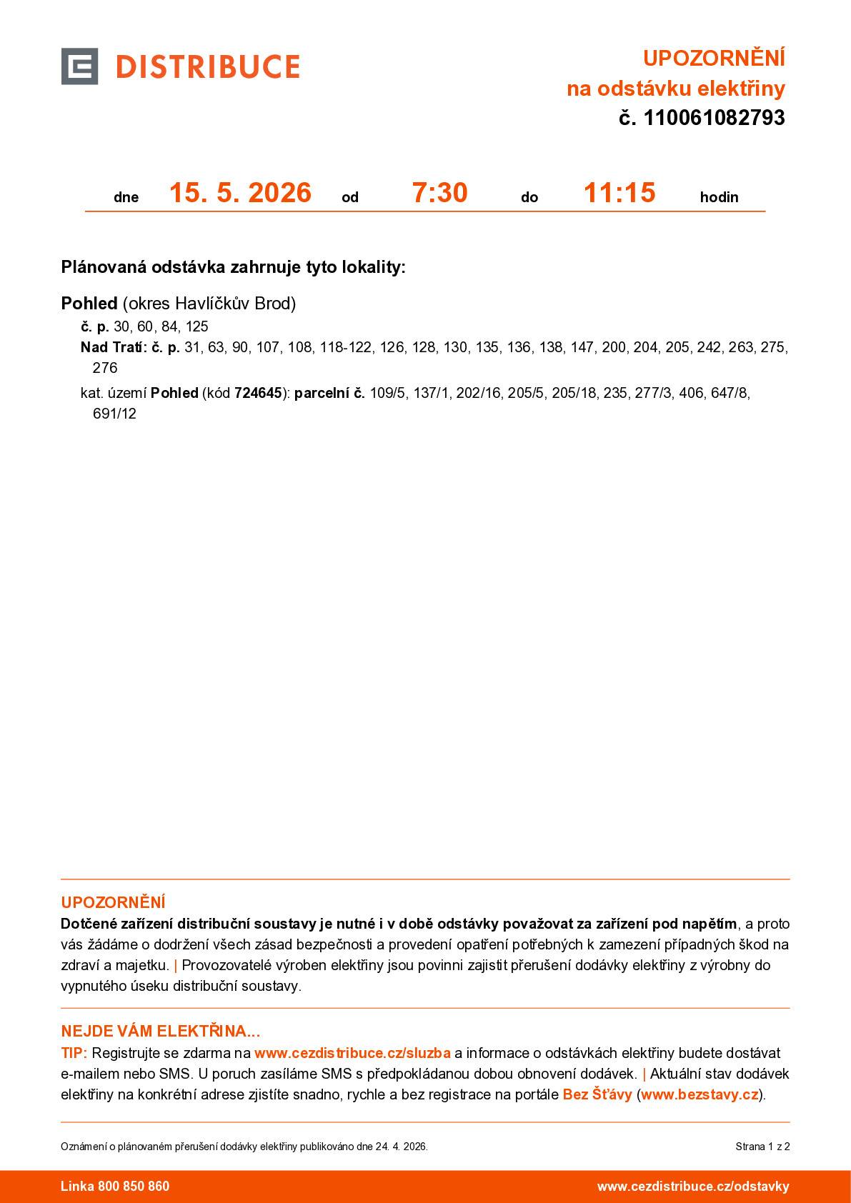 v části obce, 15. 5. 2026 v době od 7:30 do 11:15 hodin.