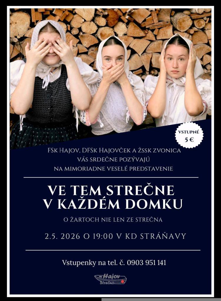 Občianske združenie Hajov a obec Stráňavy Vás srdečne pozývajú na naozaj veselý a zábavný program folklórnych skupín Hajovček a Hajov a ich hostí pod názvom "Ve tem Strečne v každém domku."