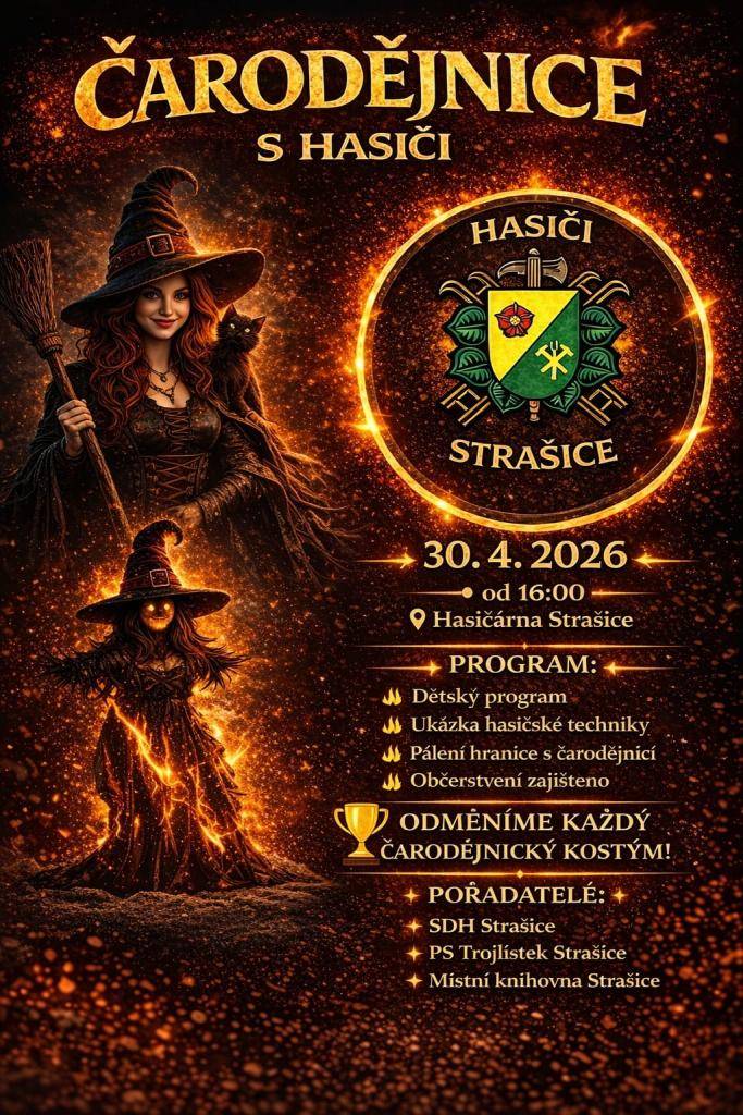 Dne 30. dubna 2026 se od 16:00 koná v hasičárně ve Strašicích tradiční pálení čarodějnic. Připraven je dětský program, ukázka hasičské techniky, pálení hranice s čarodějnicí a občerstvení. Každý, kdo přijde v čarodějnickém kostýmu, bude odměněn. Přijďte se pobavit a užít si odpoledne plné zábavy.