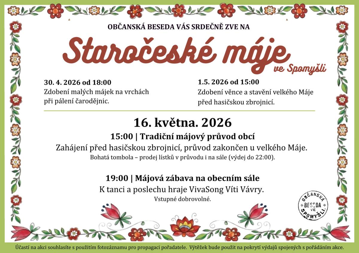 Občanská beseda ve Spomyšli srdečně zve všechny občany na tradiční Staročeské máje, které se uskuteční 16. května 2026.
