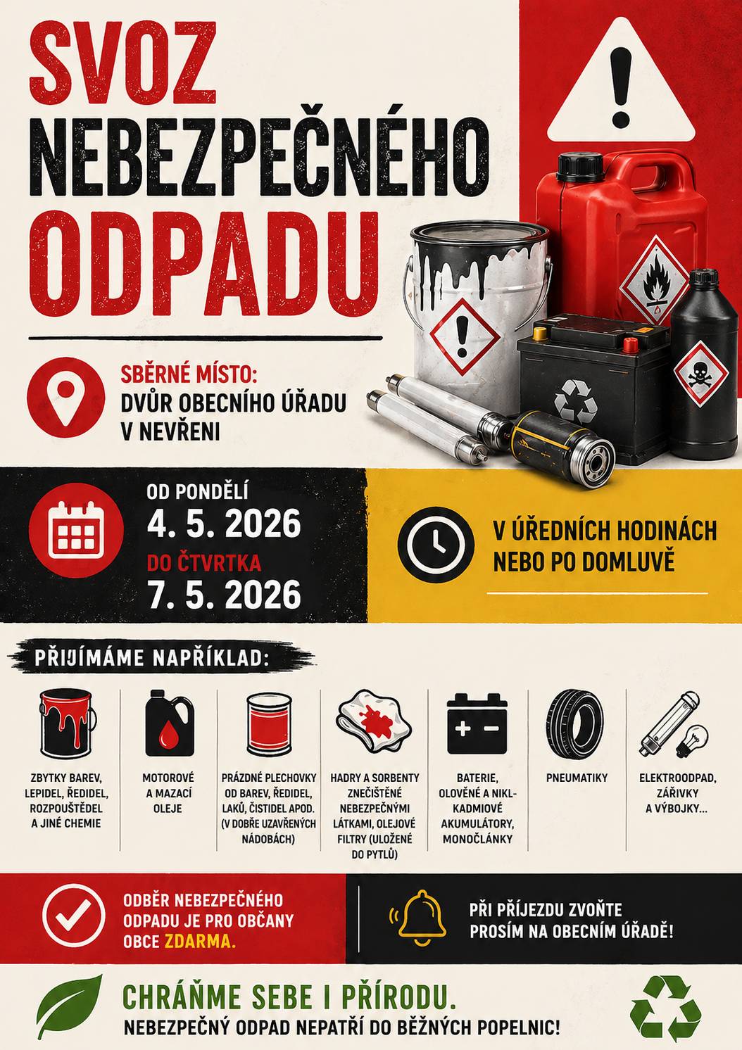 Od 4. do 7. května 2026 můžete odevzdat nebezpečný odpad – stačí přijít v úředních hodinách nebo se domluvit individuálně 👍 👉 Co můžete přinést? • staré oleje (motorové i mazací) • barvy, lepidla, ředidla a rozpouštědla • prázdné plechovky od těchto látek (dobře uzavřené) • znečištěné hadry, sorbenty a olejové filtry (v pytlích) • baterie a akumulátory • pneumatiky • elektroodpad, zářivky a výbojky ⚠️ Nezapomeňte odpad správně zabalit a označit. 🌿 Pomozte udržet obec čistou – nebezpečný odpad do běžných popelnic nepatří!