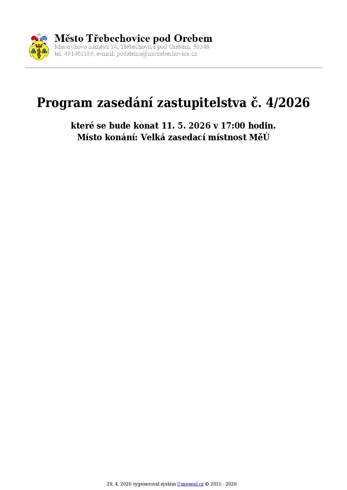 Program jednání zastupitelstva 11.5.2026