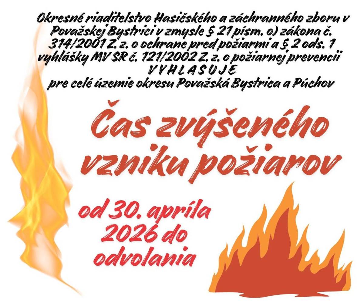 Okresné riaditeľstvo Hasičského a záchranného zboru v Považskej Bystrici v zmysle § 21 písm. o) zákona č. 314/2001 Z. z. a § 2 ods. 1 vyhlášky MV SR č. 121/2002 Z. z. o požiarnej prevencii vyhlasuje od 30. apríla do odvolania zvýšené nebezpečenstvo vzniku požiarov.