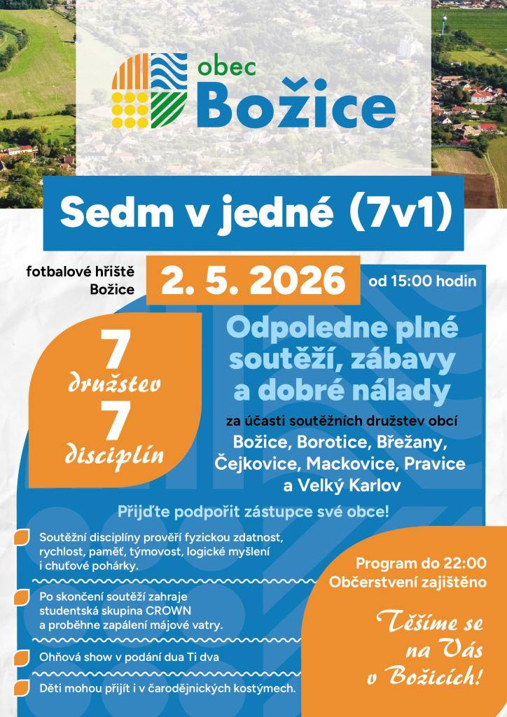 Zveme vás na soutěžní utkání družstev obcí 7v1, které se uskuteční na fotbalovém hřišti v Božicích. Akce začíná v 15:00 a program potrvá až do 22:00. Na místě bude zajištěno občerstvení pro všechny účastníky a diváky. Přijďte podpořit své oblíbené týmy a užít si příjemný den plný sportu a zábavy.