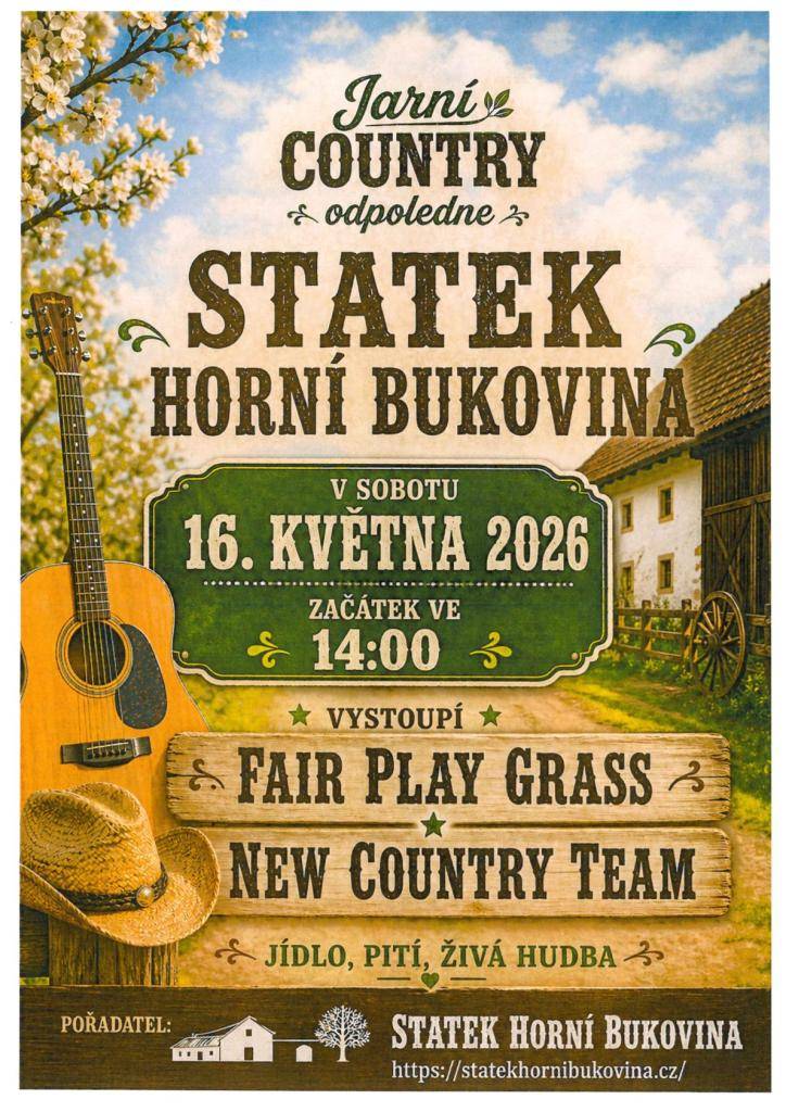 Jarní country odpoledne na statku Horní Bukovina 15.5.2026 od 14.00 hod.